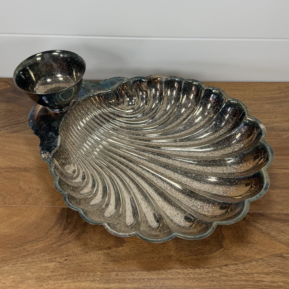Wm Rogers & Sons Silver Plate 89574 Chip Dip Scallop Shell Bowl Sauce Cup VTG